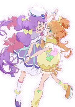 2girls :d absurdres aqua_eyes artist_name bow brown_eyes bubble_skirt butterfly_hair_ornament choker clothing_cutout colored_eyelashes commentary_request cure_coral cure_papaya dress dress_bow earrings facial_mark foreshortening gasp gloves green_eyes hair_bobbles hair_bow hair_bun hair_intakes hair_ornament hat heart heart_cutout heart_facial_mark heart_in_eye highres holding_hands ichinose_minori interlocked_fingers jewelry leg_warmers long_hair looking_at_another low_twintails magical_girl mismatched_eyelashes multi-tied_hair multicolored_eyes multicolored_hair_bobbles multiple_girls multiple_hair_bows neckerchief open_mouth orange_hair orange_shoes outstretched_arms pink_bow polka_dot polka_dot_background pouch precure purple_choker purple_dress purple_hair purple_sailor_collar sailor_collar sailor_hat shipu_(gassyumaron) shoes single_hair_bun skirt smile socks spread_arms suzumura_sango symbol_in_eye thick_eyelashes tropical-rouge!_precure twintails very_long_hair white_gloves yellow_bow yellow_choker yellow_dress yellow_gloves yellow_sailor_collar