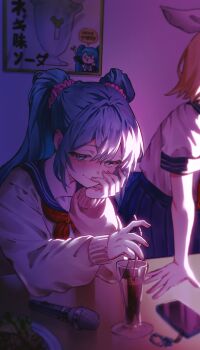 2girls blonde_hair blue_eyes blue_hair blue_sailor_collar blush bow cellphone commentary_request drinking_straw food fruit hair_between_eyes hair_bow hatsune_miku head_on_hand highres karaoke lemon lemon_slice lettuce long_hair long_sleeves looking_at_viewer meat medium_hair microphone multiple_girls phone plate pleated_skirt red_ribbon ribbon sailor_collar school_uniform serafuku shirt sitting skirt smartphone smile solo_focus spring_onion sweater table twintails user_tujw2874 vocaloid white_shirt white_sweater wooden_table