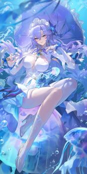 1girl absurdres asymmetrical_legwear blue_flower breasts cantarella_(wuthering_waves) closed_mouth commentary dress earrings facial_mark flower full_body hair_between_eyes hair_flower hair_ornament headdress high_heels highres holding holding_umbrella jellyfish jewelry large_breasts long_hair mark_under_eye mole mole_under_eye parasol purple_hair purple_umbrella shoes shrug_(clothing) single_thighhigh smile socks solo symbol-only_commentary thighhighs thighs ttk_(kirinottk) umbrella uneven_legwear very_long_hair white_dress white_shoes white_shrug white_socks wuthering_waves