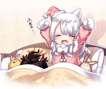 Rule 34 | 1girl, animal ears, arms up, blush, chibi, closed eyes, commentary request, dated, drooling, fur-trimmed headwear, fur trim, hat, konshin, long hair, long sleeves, mouth drool, nightcap, open mouth, original, pajamas, pillow, pink headwear, pink pajamas, pink shirt, puffy long sleeves, puffy sleeves, shirt, signature, stretching, stuffed animal, stuffed rabbit, stuffed toy, tears, tilted headwear, translation request, trembling, under covers, upper body, wavy mouth, white hair