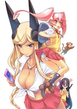 Rule 34 | amesuku gyaru, animal, ass, bag, black eyes, black hair, black socks, blindfold, blonde hair, blue panties, bracelet, braid, breasts, brown shoes, cellphone, cincinnati (pastel chime), cleavage, closed mouth, colored blindfold, dark-skinned female, dark skin, front-tie top, gyaru, hand on own hip, heart, holding, holding letter, holding phone, horns, jewelry, katana, kogal, large breasts, letter, loafers, long hair, looking at viewer, looking to the side, love letter, low-braided long hair, low-tied long hair, midriff, miniskirt, monkey, multiple bracelets, neck, neck ribbon, no bra, ofuda, ofuda on head, onigirikun, open mouth, panties, pantyshot, pastel chime, pastel chime 3, phone, pink eyes, pink hair, pleated skirt, red ribbon, red skirt, ribbon, school uniform, shirt, shoes, shooting mina, short sleeves, shoulder bag, simple background, single braid, skirt, smartphone, smile, socks, star-shaped pupils, star (symbol), striped clothes, striped panties, sweater vest, sword, sword on back, symbol-shaped pupils, tied shirt, twintails, underwear, very long hair, weapon, weapon on back, white background, white shirt, yellow sweater vest, zatuuna