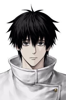 1boy black_eyes black_hair buttons closed_mouth gold_buttons hair_between_eyes high_collar highres jacket jujutsu_kaisen jujutsu_tech_uniform looking_at_viewer male_focus official_alternate_hairstyle okkotsu_yuuta portrait short_hair simple_background solo sso_s white_background white_jacket