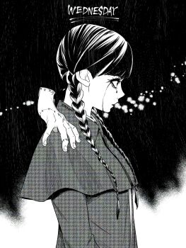 1girl the_addams_family braid capelet character_name dress edomon-do from_side greyscale highres long_hair makeup monochrome rain runny_makeup severed_hand stitched_hand thing_(the_addams_family) twin_braids wednesday_(netflix) wednesday_addams