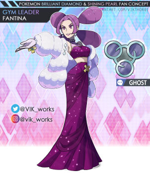 1girl absurdres badge badge_(pokemon) breasts character_name choker coat dress fantina_(pokemon) fur_coat highres instagram_username large_breasts long_hair nintendo pokemon pokemon_diamond/pearl/platinum purple_dress purple_eyes purple_hair quad_tails smile solo twitter_username vikthor01
