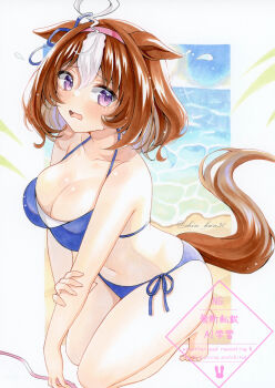 1girl absurdres animal_ears barefoot beach bikini blue_bikini blush breasts brown_hair cleavage collarbone commentary_request day double-parted_bangs full_body hand_on_own_elbow highres horse_ears horse_girl horse_tail kneeling large_breasts looking_at_viewer marker_(medium) meisho_doto_(umamusume) multicolored_hair navel open_mouth outdoors purple_eyes raised_inner_eyebrows shin_kun30 short_hair side-tie_bikini_bottom solo stomach streaked_hair string_bikini swimsuit tail traditional_media umamusume watermark wavy_mouth white_streaks
