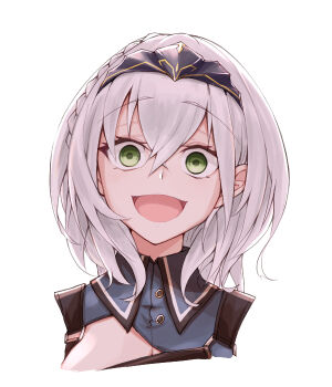 1girl :d braid commentary_request constricted_pupils crazy_eyes crazy_smile cropped_torso double-parted_bangs eihire empty_eyes green_eyes grey_hair hair_between_eyes hairband hololive looking_at_viewer medium_hair open_mouth shirogane_noel shirogane_noel_(1st_costume) side_braid smile solo virtual_youtuber wavy_hair wide-eyed yandere