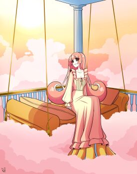 Rule 34 | 1girl, badbunbunn, bed, black sclera, cloud, colored sclera, commentary, cthulhu mythos, english commentary, estir, highres, long hair, looking afar, nightgown, on bed, pink eyes, pink hair, sitting, solo, sucker for love, tentacles