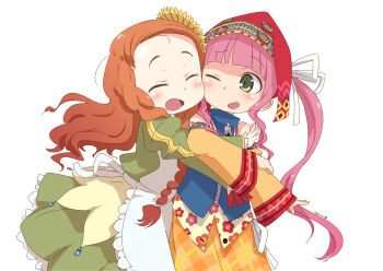 2girls apron blue_vest blunt_bangs braid brown_hair closed_eyes dress eclair_(sekaiju) etrian_odyssey floral_print flower frilled_dress frills green_dress green_eyes hair_flower hair_ornament hair_ribbon half-closed_eyes highres hug kuona_(sekaiju) long_sleeves looking_at_another multiple_girls open_mouth pink_hair red_headwear ribbon samansa_ex sekaiju_no_meikyuu sekaiju_no_meikyuu_2 sidelocks smile twin_braids vest white_background white_ribbon yellow_dress yellow_flower zipper zipper_pull_tab