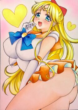 1girl aino_minako ass bishoujo_senshi_sailor_moon blonde_hair blue_eyes blush bow breasts gloves hanazono_hinata hear huge_breasts leotard leotard_peek long_hair magical_girl miniskirt red_bow sailor_venus short_sleeves skirt thong_leotard very_long_hair