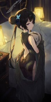 Rule 34 | 1boy, 1girl, absurdres, ass, back, bed, black dress, black jacket, blue archive, butterfly hair ornament, china dress, chinese clothes, closed mouth, commentary request, doodle sensei (blue archive), double bun, dragon print, dress, from behind, grey halo, hair bun, hair ornament, halo, highres, indoors, jacket, jianjia, kisaki (blue archive), lamp, long hair, looking at viewer, looking back, pillow, purple eyes, sensei (blue archive), solo, striped clothes, striped jacket, vertical-striped clothes, vertical-striped jacket