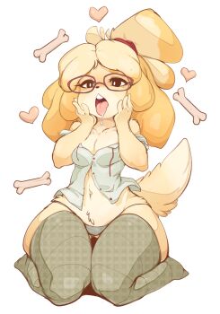 1girl animal_crossing animal_ears bad_id bad_pixiv_id bare_shoulders bespectacled blonde_hair body_fur bone breasts chestnut_mouth cleavage dog_ears dog_girl dog_tail female_focus full_body furry furry_female glasses grey_thighhighs hands_on_own_face heart highres isabelle_(animal_crossing) kneeling navel nintendo off_shoulder panties pear-shaped_figure purple-framed_eyewear saliva seiza shirt simple_background sitting slugbox small_breasts solo tail thick_eyebrows thick_thighs thigh_gap thighhighs thighs tongue tongue_out topknot unbuttoned underwear undone unmoving_pattern wide_hips