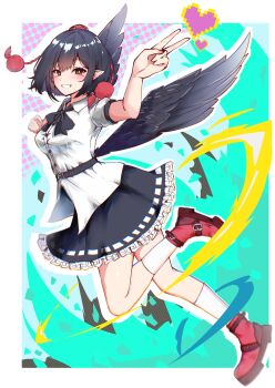 Rule 34 | 1girl, absurdres, black bow, black bowtie, black hair, black skirt, black wings, blue sky (user zgac4337), blush, bow, bowtie, breasts, bright pupils, commentary, frills, full body, grin, hand up, hat, highres, looking at viewer, medium breasts, medium hair, parted lips, pointy ears, pom pom (clothes), red eyes, red shoes, shameimaru aya, shirt, shoes, short sleeves, skirt, smile, socks, solo, teeth, tokin hat, touhou, v, white pupils, white shirt, white socks, wings