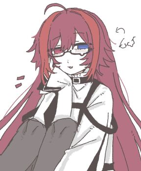 1girl :3 ???_(assault_lily) ahoge arrow_(symbol) assault_lily black-framed_eyewear black_pantyhose blue_eyes chest_harness chinese_commentary commentary_request gatti_love glasses hair_between_eyes half-closed_eyes hand_on_own_cheek hand_on_own_face hand_up harness heterochromia highres knees_up long_hair long_sleeves looking_at_viewer pantyhose parted_lips red_eyes red_hair semi-rimless_eyewear shirt simple_background sleeves_past_wrists smile solo teardrop-framed_glasses turtleneck turtleneck_shirt under-rim_eyewear upper_body very_long_hair white_background white_shirt