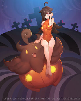 10s 1girl absurdres ahoge alternate_color artist_name bare_shoulders barefoot black_hair blue_eyes blush breasts brown_hair covered_navel creature_and_personification english_text fang fangs female_focus gen_6_pokemon graveyard hair_over_one_eye highres hip_focus knees large_breasts legs leotard long_hair long_legs moon navel night night_sky nintendo one-piece_swimsuit open_mouth personification pokemon pokemon_(creature) pokemon_xy pumpkaboo ryushin sitting skin_tight sky smile solo swimsuit tombstone