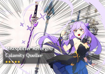 1girl bare_shoulders black_dress blush_stickers breasts calamity_queller_(genshin_impact) censored cleavage clenched_hand commentary cone_hair_bun detached_sleeves dress emphasis_lines english_commentary favonius_lance_(genshin_impact) game_screenshot_background genshin_impact hair_bun hand_up ian_olympia keqing_(genshin_impact) keqing_(opulent_splendor)_(genshin_impact) long_hair medium_breasts mistsplitter_reforged_(genshin_impact) mosaic_censoring open_mouth purple_hair ribbon sacrificial_sword_(genshin_impact) screenshot_background short_sleeves solo sparkle squiggle_eyes star_(symbol) strapless strapless_dress sweat the_bell_(genshin_impact) twintails wrist_ribbon