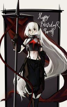 1girl absurdres armor banner bare_shoulders black_eyes black_horns boots border brown_boots brown_gloves brown_overalls closed_mouth commentary english_commentary english_text feet_out_of_frame gift_art gloves grey_background hair_between_eyes happy_birthday highres holding holding_banner holding_polearm holding_weapon horns kobi420 long_hair looking_at_viewer midriff navel original overalls plate_armor polearm red_flag rope shoulder_strap solo standing sunset_(porforever) suspenders very_long_hair weapon white_border white_hair