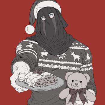 1boy blue_eyes call_of_duty christmas christmas_sweater commentary_request food hat highres holding holding_plate incoming_food konig_(call_of_duty) korean_commentary looking_at_viewer male_focus masked nanj1n partially_colored plate red_background ribbon santa_hat simple_background sleeves_pushed_up solo stuffed_animal stuffed_toy sweater teddy_bear upper_body