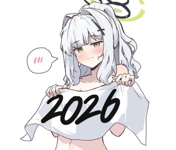 1girl 2026 blue_archive blush closed_mouth commentary embarrassed green_eyes grey_hair hair_intakes hair_ornament halo hare_(blue_archive) holding korean_commentary looking_at_viewer mureniii nude ponytail simple_background solo spoken_blush sweatdrop white_background
