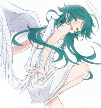 Rule 34 | 1boy, ahoge, androgynous, angel, angel wings, barefoot, button gap, commentary request, cowboy shot, ensemble stars!, floating hair, from behind, half-closed eyes, halo, head down, highres, hojo raika, jjinddaboy, leg up, long hair, looking at viewer, looking back, male focus, open mouth, outstretched arms, partial commentary, red eyes, simple background, solo, teeth, traditional halo, tunic, upper teeth only, very long hair, white background, white tunic, white wings, wings, wolf cut