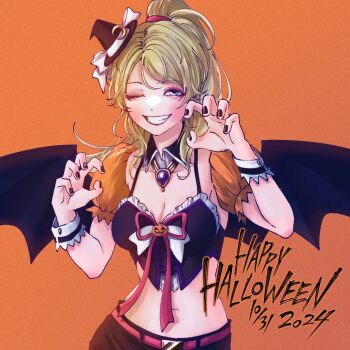 1girl ayase_eli bat_wings black_nails blonde_hair blue_eyes breasts cleavage commentary dancing_stars_on_me! dated fang halpng happy_halloween hat high_ponytail highres long_hair looking_at_viewer love_live! love_live!_school_idol_festival love_live!_school_idol_project midriff navel one_eye_closed orange_background ponytail solo upper_body wings witch_hat