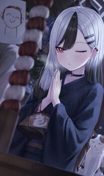 Rule 34 | 1boy, 1girl, absurdres, animal, black cat, black choker, black hair, black kimono, blue archive, blurry, brown cat, cat, chinese zodiac, choker, closed mouth, collarbone, commentary request, demon horns, depth of field, doodle sensei (blue archive), earrings, grey halo, hair between eyes, hair ornament, hairclip, halo, hands up, highres, hoop earrings, horns, huran tea, japanese clothes, jewelry, kanzashi, kayoko (blue archive), kayoko (new year) (blue archive), kimono, light blush, long hair, mole, mole on neck, multicolored cat, multicolored hair, new year, obi, one eye closed, own hands together, praying, print kimono, red eyes, sash, sensei (blue archive), two-tone hair, white cat, white hair, year of the snake