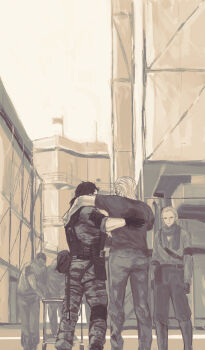 artist_request camouflage carrying carrying_person highres holster injury kazuhira_miller metal_gear_(series) metal_gear_solid_v:_the_phantom_pain multiple_boys revolver_ocelot venom_snake
