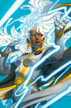 1girl acrylic_paint_(medium) black_bodysuit blue_background blue_eyes bodysuit breasts colored_pencil_(medium) dark-skinned_female dark_skin glowing glowing_eye leotard lightning long_hair marvel medium_breasts my_name_is_tran official_alternate_costume painting_(medium) parted_lips solo storm_(x-men) superhero_costume traditional_media upper_body wavy_hair white_hair white_leotard x-men