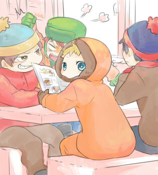 4boys angry beanie blonde_hair blue_eyes brown_hair brown_jacket commentary_request eric_cartman grin hat holding holding_menu honnomusi323 hood hood_up indoors jacket kenny_mccormick kyle_broflovski looking_at_viewer looking_back male_focus menu multiple_boys orange_jacket puff_of_air short_hair sitting smile south_park stan_marsh