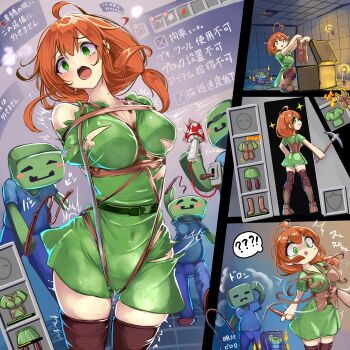 1girl 3boys alex_(minecraft) bdsm black_thighhighs blue_shirt bound breasts commentary_request dress green_dress green_eyes highres holding holding_mushroom minecraft monikano multiple_boys mushroom nipples open_mouth orange_hair restrained shibari shirt thighhighs torn_clothes torn_dress zombie_(minecraft)