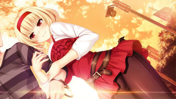 1boy 1girl belt belt_buckle black_pantyhose blonde_hair blunt_bangs blush breasts brown_belt buckle dress dutch_angle large_breasts locked_arms lucia_of_end nora_to_oujo_to_noraneko_heart official_art oozora_itsuki pantyhose red_dress red_eyes shirt short_hair sleeveless sleeveless_dress smile solo_focus white_shirt