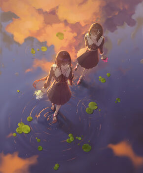 1girl 2girls absurdres ayako_(dfl) black_dress black_hair bouquet brown_dress brown_hair closed_eyes closed_mouth dress flower flowers_(innocent_grey) from_above hair_flower hair_ornament highres holding holding_bouquet holding_flower kousaka_mayuri lily_pad long_hair long_sleeves looking_at_another multiple_girls neck_ribbon outdoors pleated_dress reflection reflective_liquid ribbon ripples scenery school_uniform shirahane_suou shoes short_hair smile standing standing_on_liquid sunset walking walking_on_liquid water white_flower yuri
