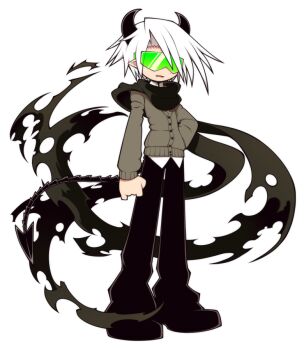 Rule 34 | black pants, black scarf, black shoes, daimonji (funamusea), demon boy, demon horns, fang, funamusea, funamusea (artist), green visor, horns, long scarf, long sleeves, official art, pale skin, pants, pointy ears, scarf, shirt, shoes, sweater, white background, white hair, white shirt