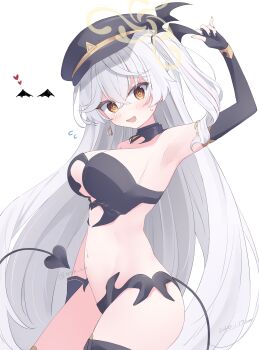 Rule 34 | 1girl, alternate costume, arm up, armpits, bat hair ornament, black gloves, black hat, blue archive, blush, brown halo, commentary request, crossed bangs, demon tail, detached collar, earrings, elbow gloves, eri (blue archive), fingerless gloves, from side, gloves, hair ornament, halo, hat, highres, jewelry, long hair, looking at viewer, navel, one side up, open mouth, peaked cap, side halo, single earring, solo, tail, tilted halo, trsko o, white background