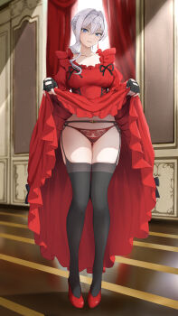 1girl absurdres black_garter_belt black_gloves black_panties black_thighhighs blue_eyes breasts commentary_request dress fingerless_gloves garter_belt gibun_(sozoshu) glaring gloves grey_hair high_heels highres indoors iya_na_kao_sare_nagara_opantsu_misete_moraitai large_breasts lifting_own_clothes panties parted_lips red_dress red_panties red_shoes saigo_ni_hitotsu_dake_onegai_shite_mo_yoroshii_deshou_ka scarlet_el_vandimion shoes solo thighhighs underwear