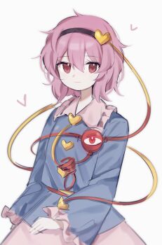 Rule 34 | 1girl, black hairband, blouse, blue shirt, buttons, closed mouth, commentary, cowboy shot, frilled shirt collar, frilled sleeves, frills, hair between eyes, hair ornament, hairband, heart, heart button, heart hair ornament, komeiji satori, long sleeves, looking at viewer, one-hour drawing challenge, pink eyes, pink hair, pink skirt, red eyes, shirt, short hair, simple background, skirt, smile, solo, soooooook2, third eye, touhou, white background, wide sleeves