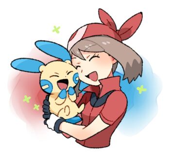 1girl bandana brown_hair closed_eyes gen_3_pokemon gloves gradient_background happy may_(pokemon) minun nintendo open_mouth pokemon pokemon_(creature) pokemon_rse ppsp0305 red_bandana red_shirt shirt short_hair smile white_background