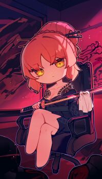 Rule 34 | 1girl, absurdres, bare shoulders, black kimono, breasts, chair, cleaning sword, cleavage, collared shirt, crossed legs, freckles, hair bun, hair ornament, hair stick, highres, indoors, irezumi, ishmael (project moon), japanese clothes, kimono, kurokumo clan (identity) (project moon), limbus company, looking at viewer, medium hair, off shoulder, office chair, orange hair, project moon, shirt, sitting, solo, swivel chair, tattoo, xnol xaxl