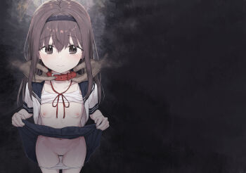 1girl 1other bdsm black_hairband breasts brown_eyes brown_hair camisole camisole_lift closed_mouth clothes_lift collar comiket_100 commentary_request content_rating cover cover_page cowboy_shot hairband healthyman lifting_own_clothes loli long_hair looking_at_viewer navel neck_ribbon nipples open_clothes open_shirt original panties panty_pull red_collar red_ribbon ribbon school_uniform serafuku short_sleeves skirt skirt_lift slave sleeve_cuffs small_breasts solo_focus title underwear white_panties