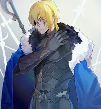 1boy armor armored_gloves black_armor black_fur black_gloves blonde_hair blue_cape blue_eyes breastplate cape closed_mouth dimitri_alexandre_blaiddyd dimitri_alexandre_blaiddyd_(timeskip) eyepatch fire_emblem fire_emblem:_three_houses fur-trimmed_cape fur_trim gloves hair_between_eyes hand_on_own_chest highres kyounatsuuu male_focus nintendo one_eye_covered simple_background solo standing white_background white_fur