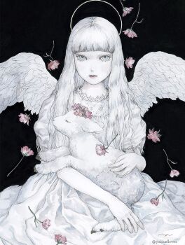 1girl angel angel_wings baby_animal colored_skin commentary_request dress expressionless feathered_wings flower halo highres lamb long_hair looking_at_viewer original painting_(medium) ringo_komachi sheep solo traditional_media watercolor_(medium) white_dress white_eyes white_hair white_skin white_wings wings