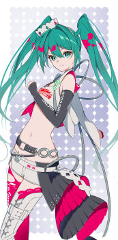 1girl boots hatsune_miku highres lace-up_boots midriff navel racing_miku racing_miku_(2025) roku_(roku_0_6) short_shorts shorts smile tagme thigh_boots twintails vocaloid