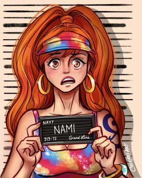 Rule 34 | 1girl, arm tattoo, barbie (franchise), barbie (live action), barbie mugshot (meme), blush, bracelet, chikariart, commentary, earrings, highres, holding, hoop earrings, jewelry, log pose, looking at viewer, meme, nami (one piece), one piece, open mouth, orange hair, ponytail, tattoo, visor cap