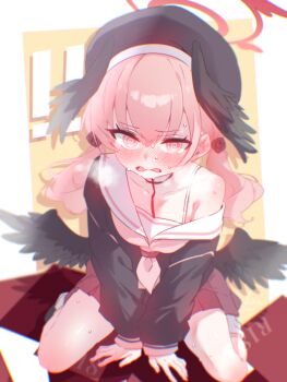 ! !! 1girl @_@ beret black_cardigan black_hat black_wings blue_archive blush cardigan collarbone commentary feathered_wings halo hat head_wings highres itsk_ne koharu_(blue_archive) long_sleeves looking_at_viewer medium_hair neckerchief pink_hair pink_neckerchief red_skirt single_off_shoulder sitting skirt solo sweat symbol-only_commentary twintails wariza wings