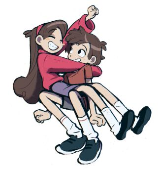 1boy 1girl black_eyes black_shoes blush braces brown_hair clenched_hand closed_eyes dipper_pines full_body gravity_falls hairband hetero highres kumao_(uexxww) long_hair long_sleeves mabel_pines red_shirt red_skirt shirt shoes short_sleeves shorts simple_background skirt socks sweater white_background white_socks