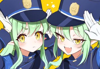 2girls blue_archive blush gloves green_hair hat hikari_(blue_archive) nozomi_(blue_archive) highres long_hair long_sleeves multiple_girls open_mouth peaked_cap pineap000 pointy_ears simple_background white_gloves yellow_eyes