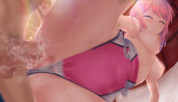 1boy 1girl alternate_costume armpits bang_dream! breasts censored closed_eyes clothes_pull clothing_aside commentary_request commission competition_swimsuit erection female_ejaculation female_pubic_hair hair_between_eyes hetero highres imminent_penetration light_blush male_pubic_hair maruyama_aya medium_breasts mosaic_censoring motion_blur nipples one-piece_swimsuit one-piece_swimsuit_pull penis pink_hair pink_one-piece_swimsuit pixiv_commission pubic_hair pussy pussy_juice q_(ed69) sex sidelocks solo_focus swimsuit swimsuit_aside testicles vaginal variant_set worried