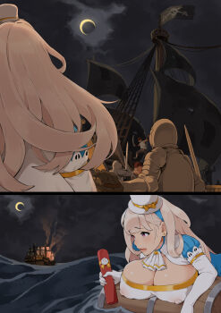 1girl armor blonde_hair blush breast_rest breasts choker cleavage cloud cloudy_sky covered_erect_nipples earrings elbow_gloves fighting fire gloves hat highres holding huge_breasts hyouchakubutsu_to_itazura irotenya jewelry long_hair looking_back mini_hat moon night nipples ocean open_mouth original outdoors partially_submerged pink_eyes pirate sad sequential ship sky soldier standing sword water watercraft weapon wet wet_clothes