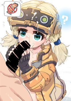 1boy 1girl 2026 ? android aqua_eyes az_u_n30 bar_censor blonde_hair blush censored coat cum cum_on_body diana_(pragmata) erection facial fellatio female fingerless_gloves gloves grabbing_another's_penis legs loli machine male open_clothes open_coat oral penis pragmata robot simple_background solid_censor standing testicles thighs twintails visor white_background