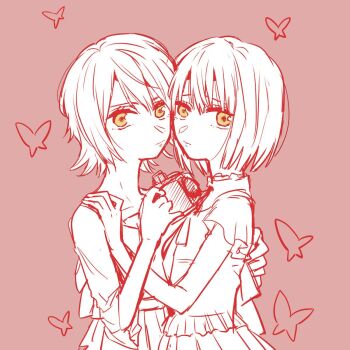 2girls amakura_mayu amakura_mio bob_cut bug butterfly camera cheek-to-cheek closed_mouth commentary fatal_frame fatal_frame_ii:_crimson_butterfly from_side hair_between_eyes hand_on_another's_back hand_on_another's_shoulder hand_up hands_up heads_together highres holding holding_camera insect looking_at_viewer looking_to_the_side monochrome multiple_girls raised_eyebrows red_background red_theme ribbon sakurada_en shirt short_hair short_sleeves siblings simple_background sisters skirt spot_color three-quarter_sleeves twins upper_body yellow_eyes