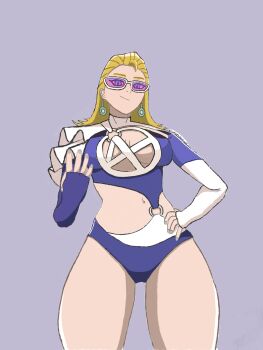 1girl absurdres blonde_hair blue_eyes cleavage_cutout clothing_cutout earrings ericthespy fingernails frills hair_slicked_back hand_on_own_hip highres jewelry looking_at_viewer marvel marvel_rivals non-web_source self-upload simple_background smile standing sue_storm sue_storm_(azure_shade) sunglasses swimsuit white-framed_eyewear